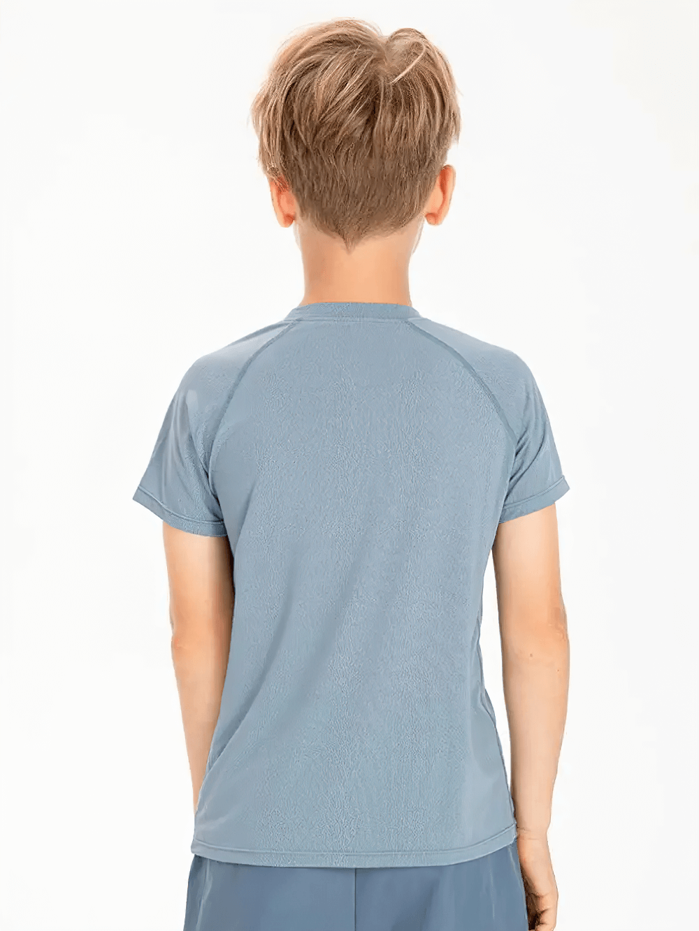 Back view of a boy wearing a blue Kids Quick Dry Sports Crewneck Training T-Shirt - SF3854, perfect for active kids and daily activities.