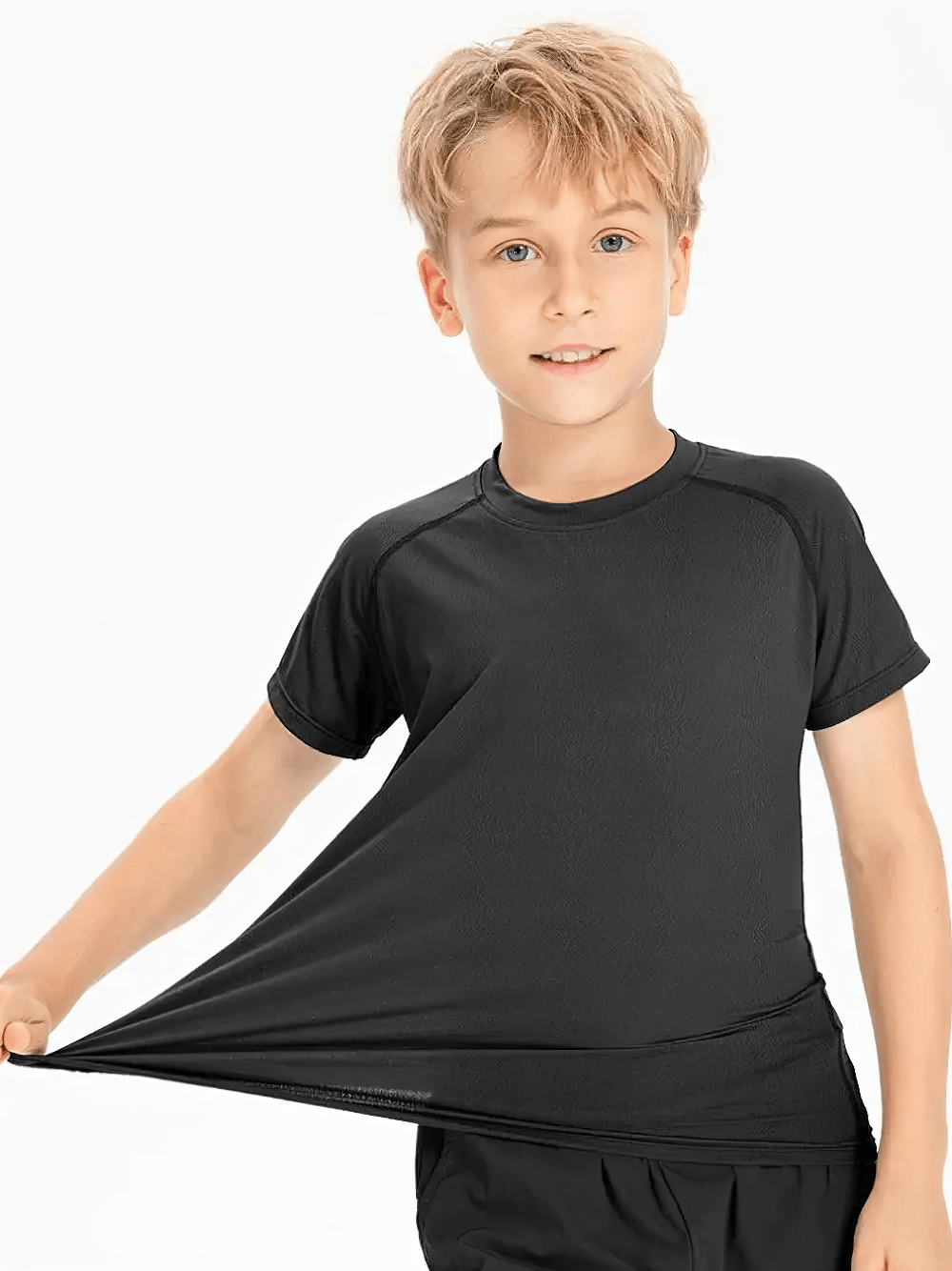 Young boy wearing Kids Quick Dry Sports Crewneck Training T-Shirt - SF3854, showcasing stretchable fabric and comfortable fit.