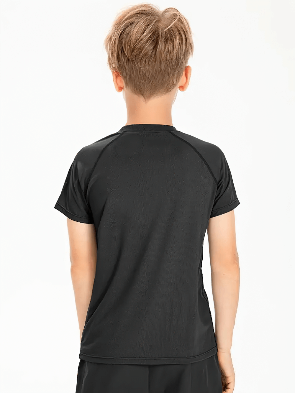 Back view of child wearing Kids Quick Dry Sports Crewneck Training T-Shirt - SF3854 in black, perfect for athletic activities.