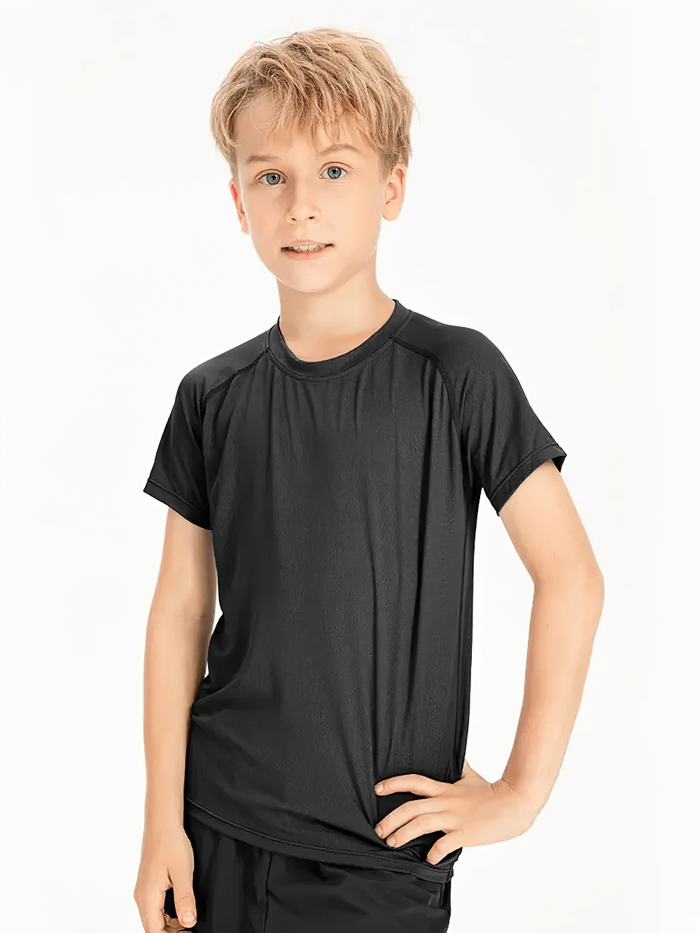 Young boy wearing Kids Quick Dry Sports Crewneck Training T-Shirt - SF3854 in black, ideal for active play and sports activities.