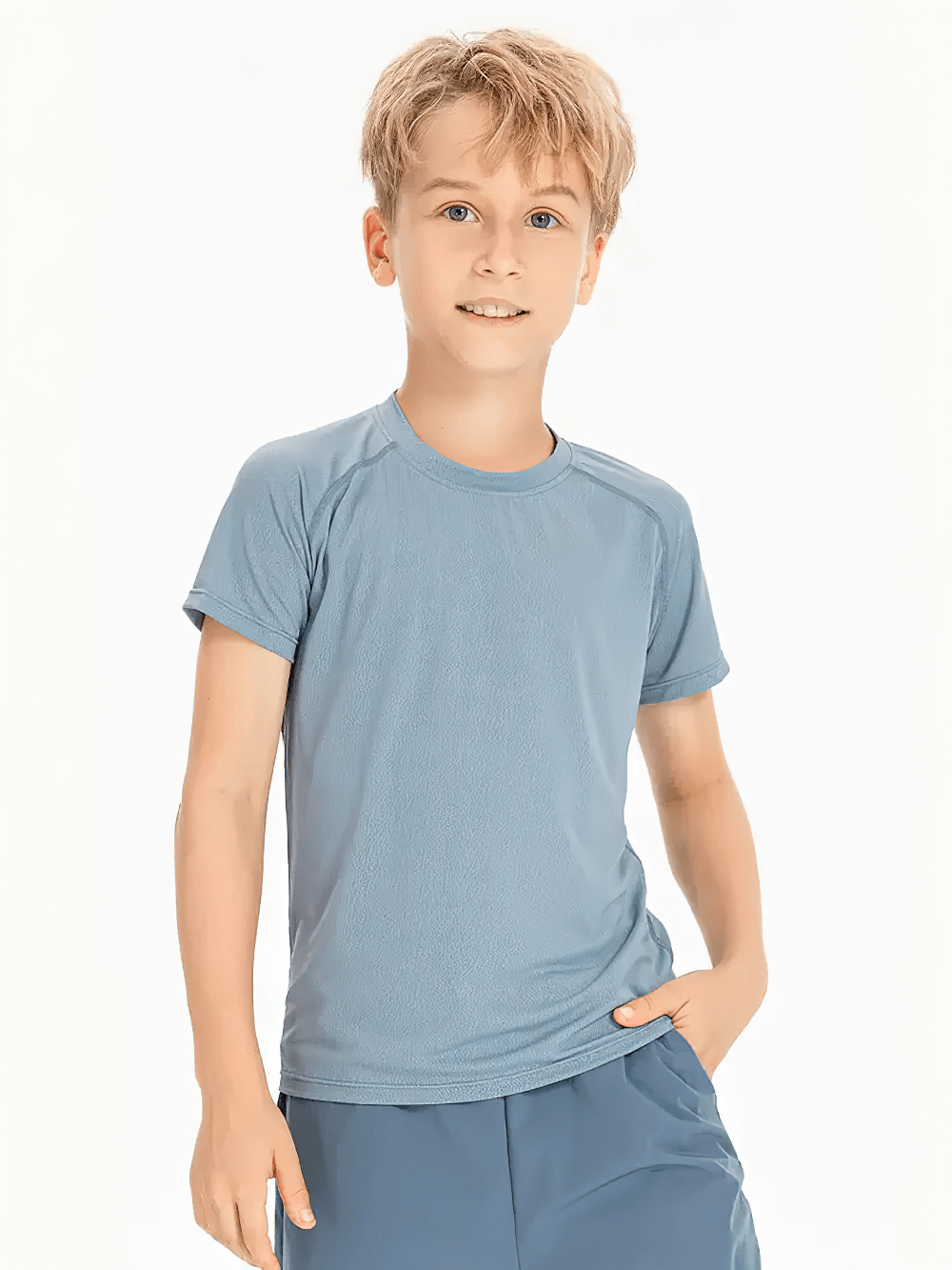Child wearing Kids Quick Dry Sports Crewneck Training T-Shirt - SF3854 in blue, perfect for active play and sports activities.