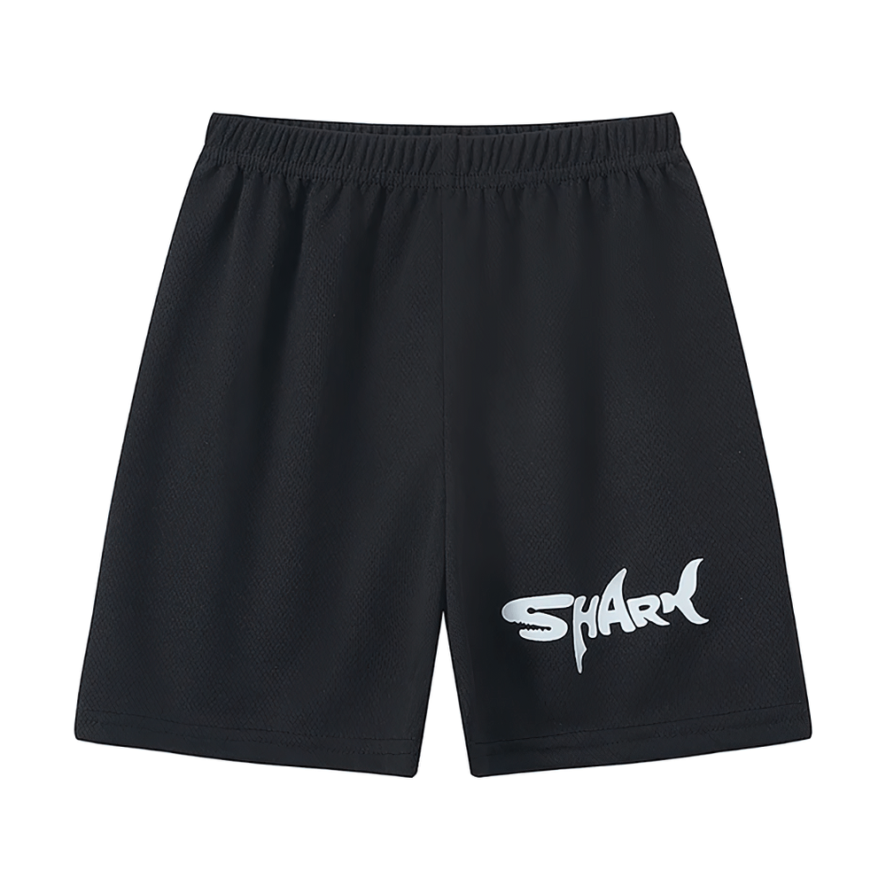 Black kids' quick-dry sport shorts with shark letter print, breathable and ideal for leisure and sporty looks.