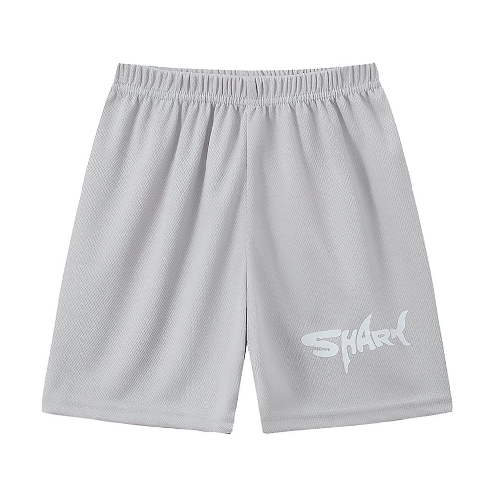 Gray boys' shark print quick-drying sport shorts, breathable fabric, ideal for leisure sports and play.