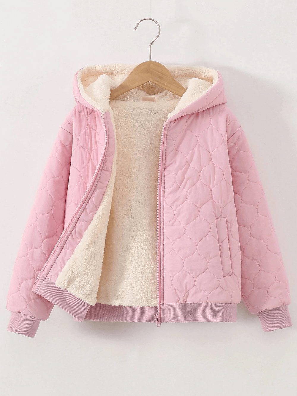 Kids Quilted Hooded Jacket with Warm Sherpa Lining - SF3898, pink, soft fleece interior, quilt pattern, ribbed cuffs, and zip closure