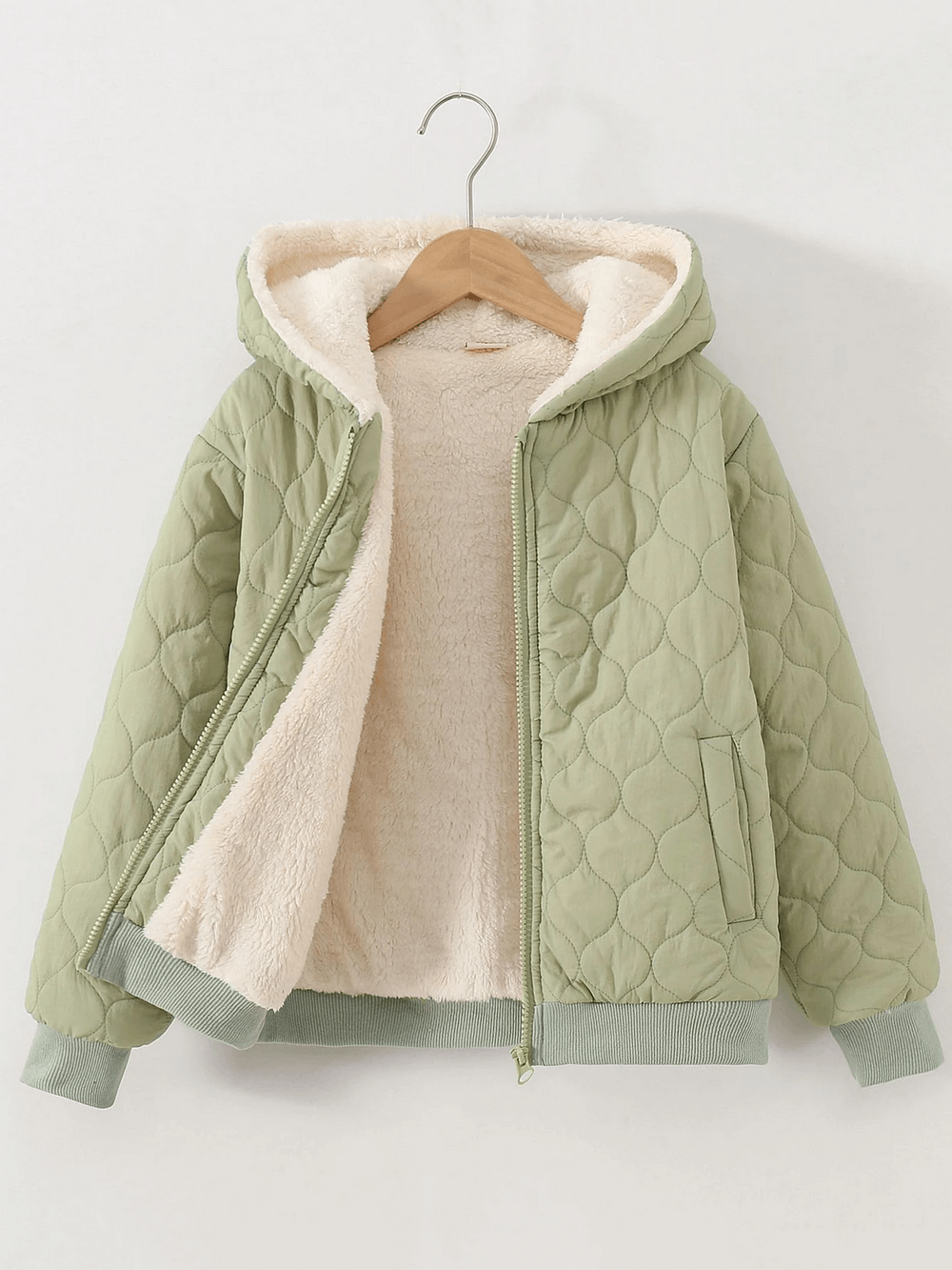 Kids Quilted Hooded Jacket with Warm Sherpa Lining - SF3898, zip-front design shown open with cozy fleece interior, pockets, and ribbed cuffs