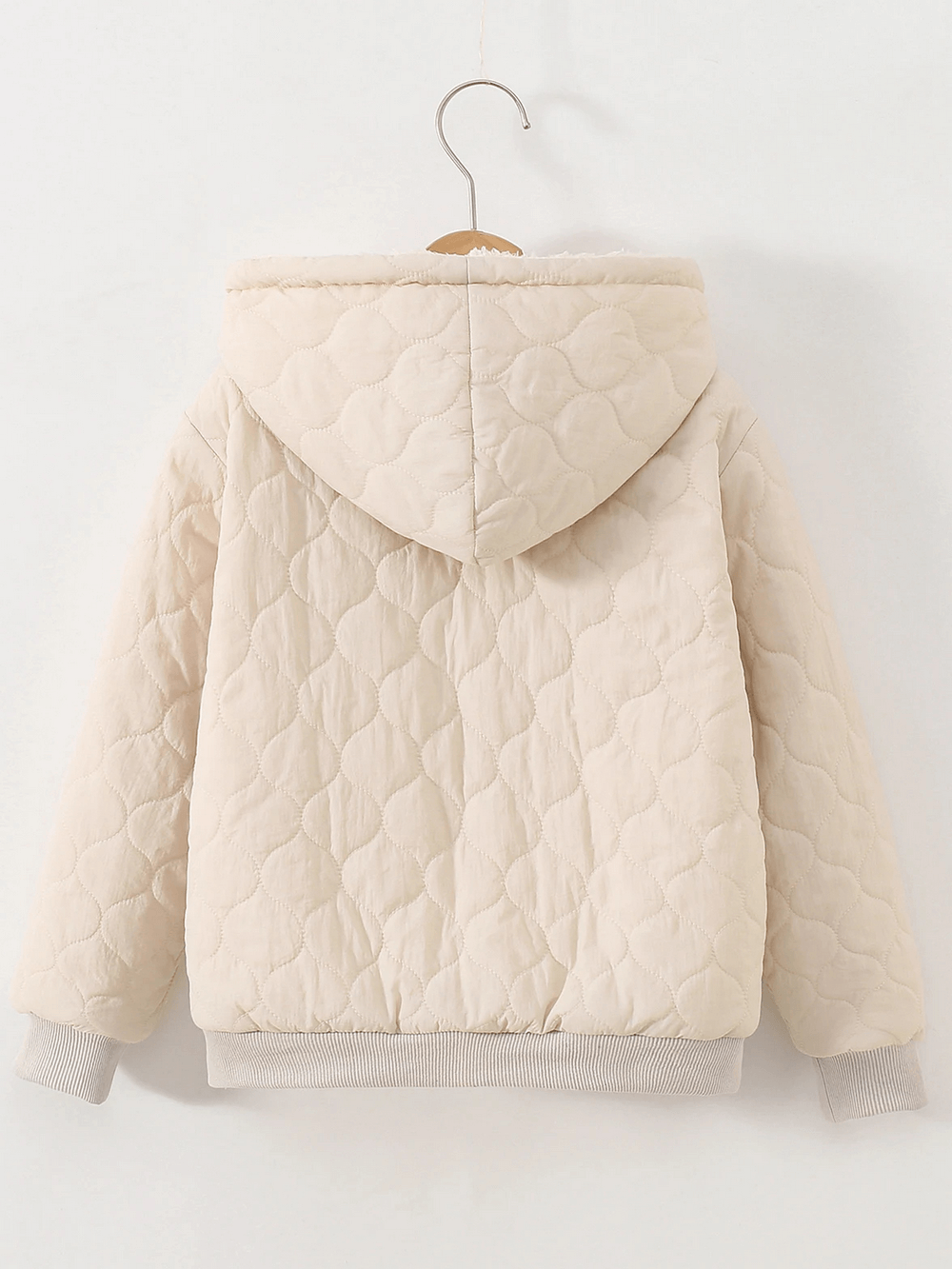 Kids Quilted Hooded Jacket with Warm Sherpa Lining - SF3898, beige color, quilt pattern, warm sherpa lining, ribbed cuffs, back view
