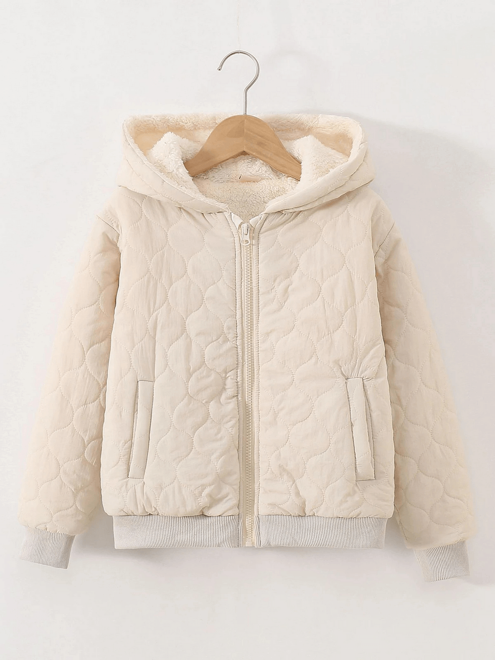 Kids Quilted Hooded Jacket with Warm Sherpa Lining - SF3898, featuring a zip-front, soft fleece interior, and ribbed cuffs for extra warmth