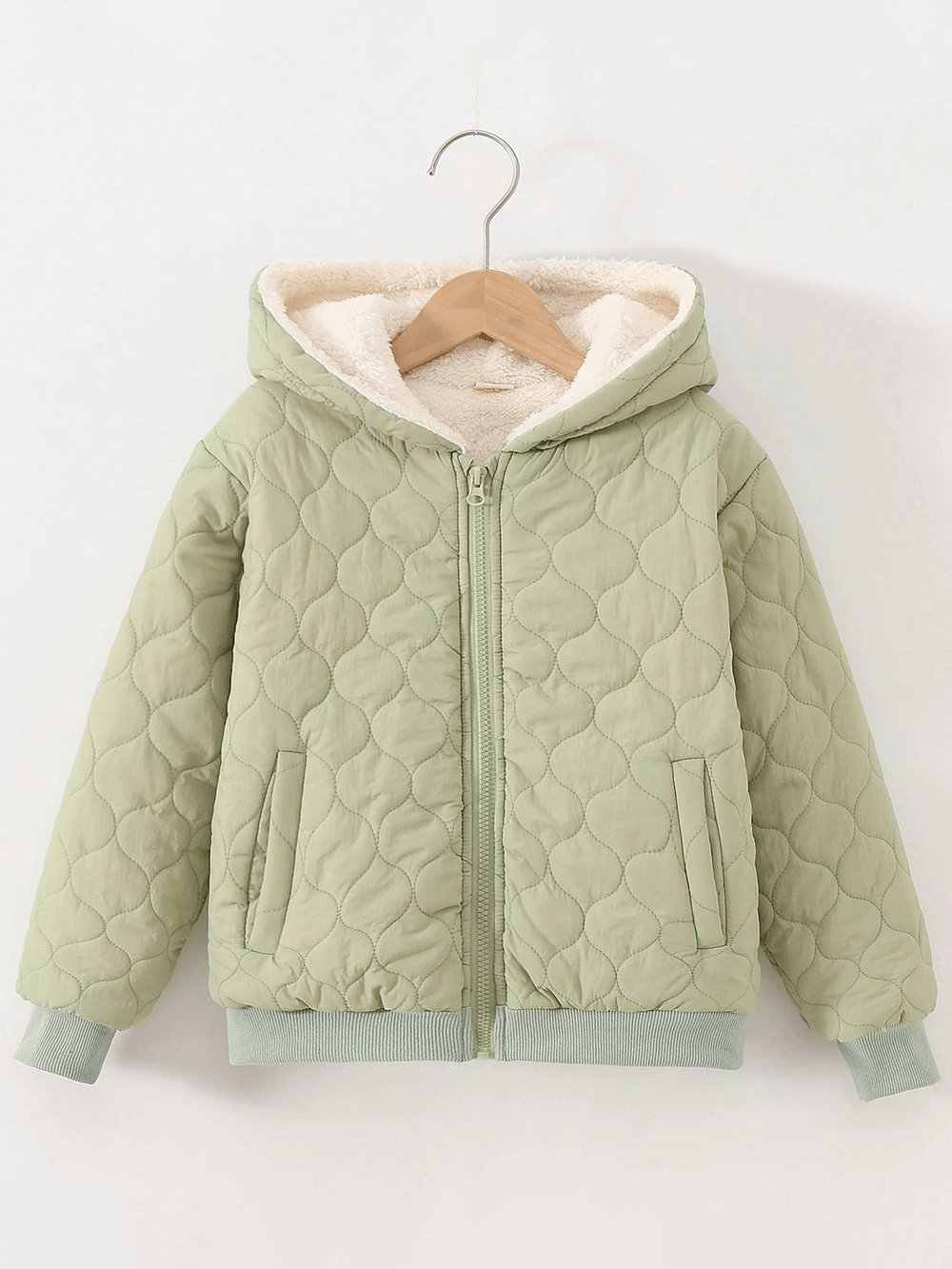 Kids Quilted Hooded Jacket with Warm Sherpa Lining - SF3898 in green on hanger, showcasing cozy zip-front and quilt pattern.