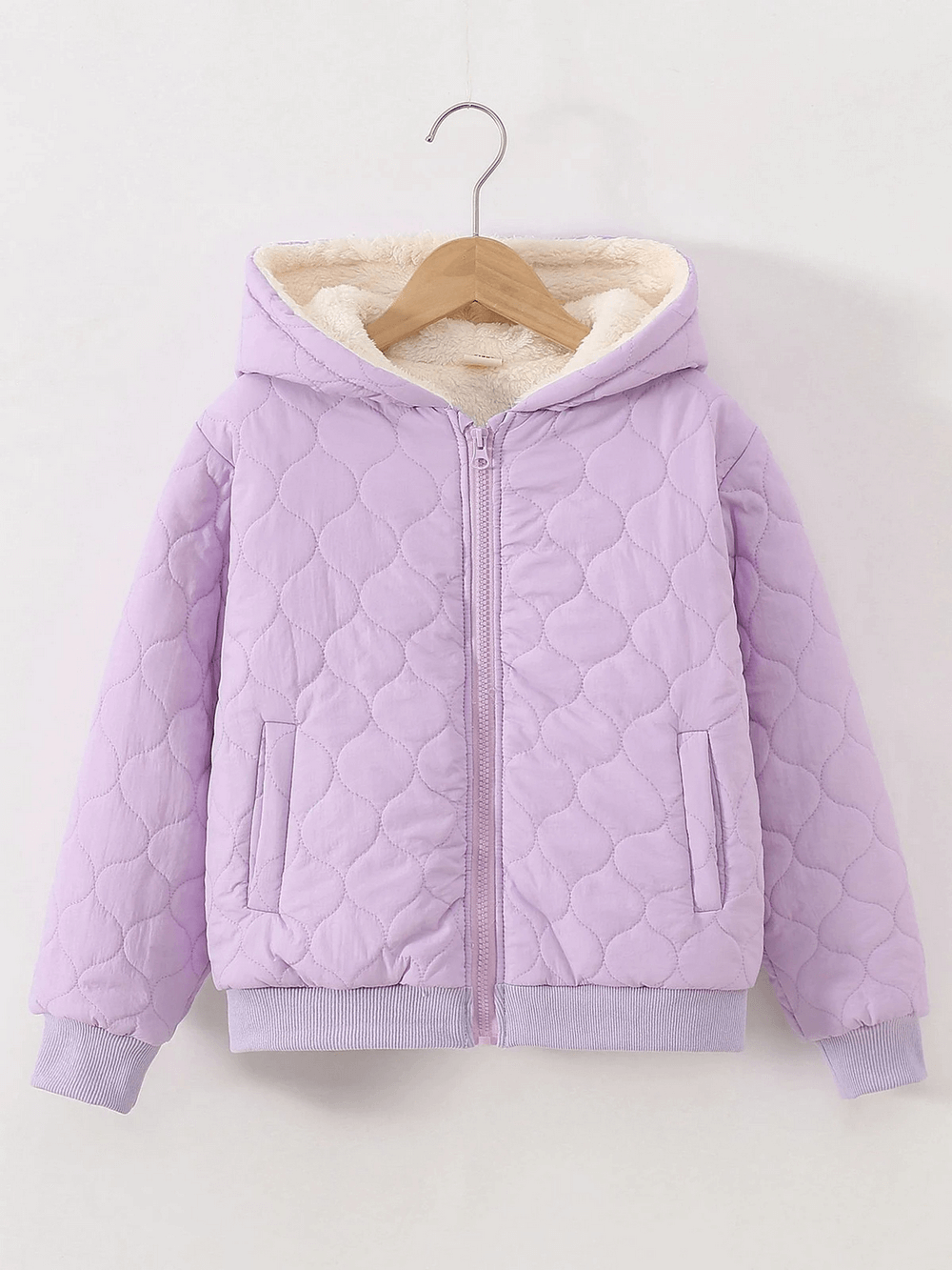 Stylish Kids Quilted Hooded Jacket with Warm Sherpa Lining - SF3898 in lavender, perfect for cozy outdoor play.
