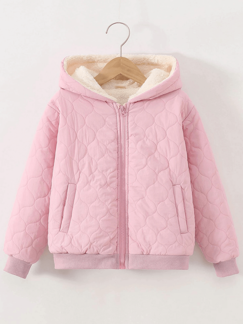 Kids Quilted Hooded Jacket with Warm Sherpa Lining - SF3898 in pink, perfect for chilly weather and stylish kids' outfits.