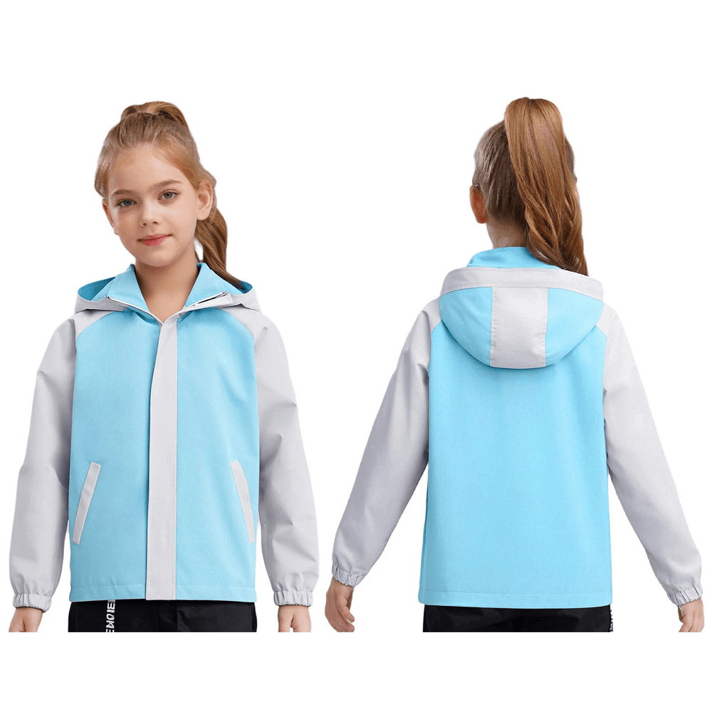 Girl wearing Kids Rainproof Hooded Windbreaker Jacket - SF3697 in blue and gray with hood and elastic cuffs, front and back view