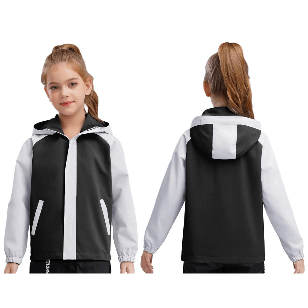 Front and back view of Kids Rainproof Hooded Windbreaker Jacket - SF3697 in black and white patchwork, perfect for outdoor play.