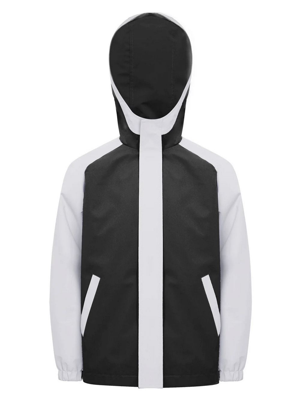 Kids Rainproof Hooded Windbreaker Jacket - SF3697, black and white, with hood, front zip and elastic cuffs.
