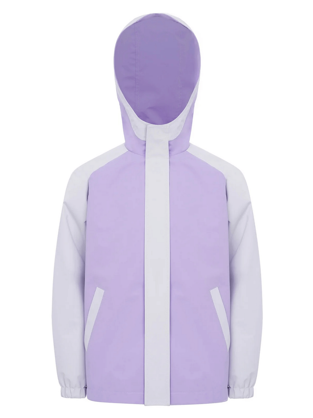 Kids Rainproof Hooded Windbreaker Jacket - SF3697, featuring a stylish lavender and white color-block design with side pockets and elastic cuffs.