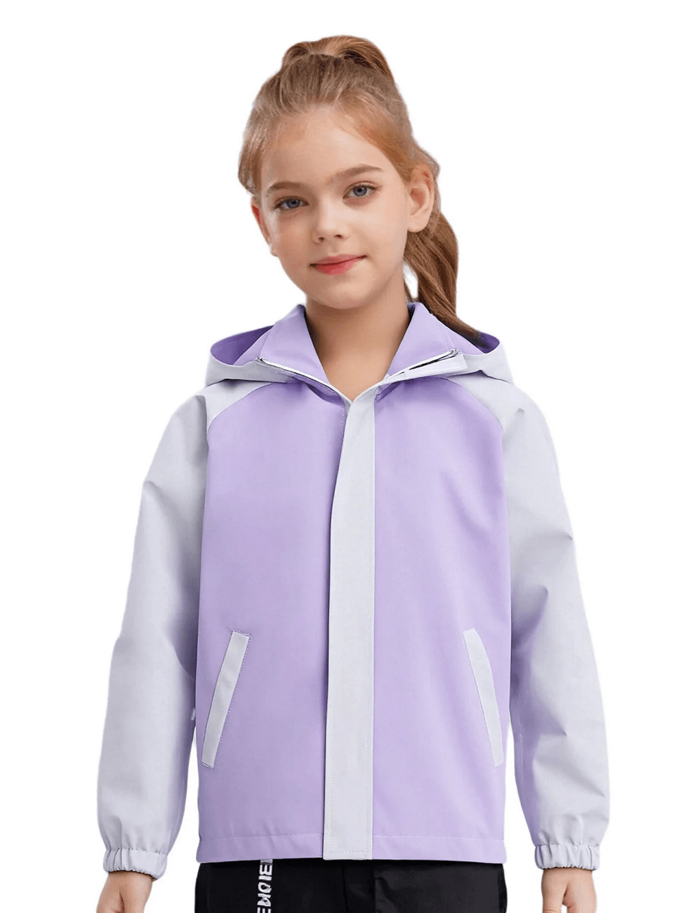 Young girl wearing a Kids Rainproof Hooded Windbreaker Jacket - SF3697 with a lavender and white color-block design.