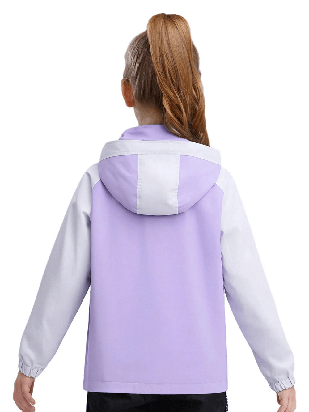 Back view of Kids Rainproof Hooded Windbreaker Jacket - SF3697 in lavender and white, featuring elastic cuffs for windy days.