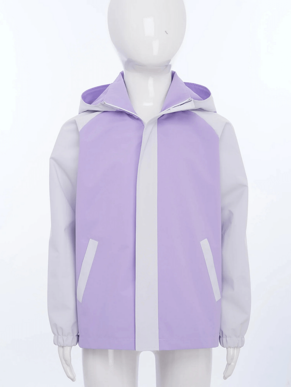 Purple and gray kids jacket with hood and front zip, perfect for outdoor play. Stylish design adds flair. Kids Rainproof Hooded Windbreaker Jacket - SF3697
