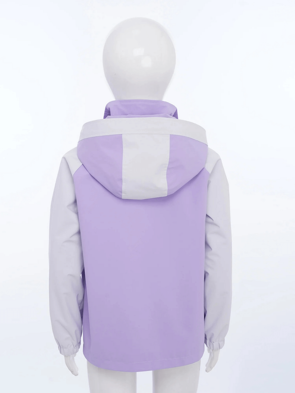 Back view of Kids Rainproof Hooded Windbreaker Jacket - SF3697 in purple and gray color block design, perfect for outdoor play.
