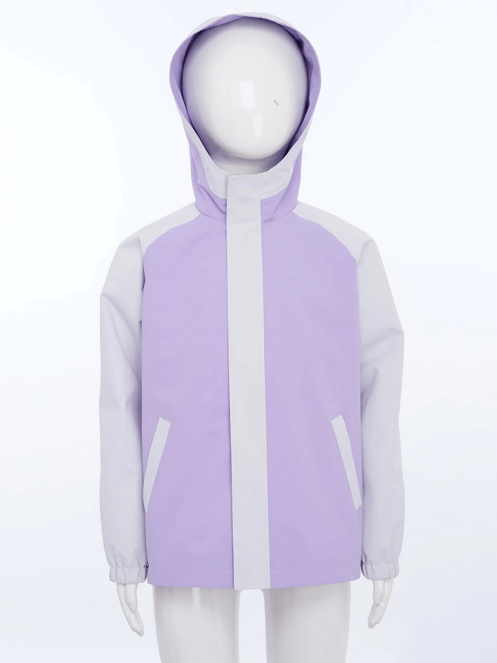 Light purple Kids Rainproof Hooded Windbreaker Jacket - SF3697 on mannequin, showcasing front zip and hood, perfect for outdoor play.
