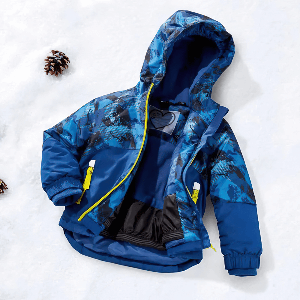 Kids Ski Jacket with Hood and Elastic Cuffs - SF3580, blue winter coat for toddlers with insulated shell, lying on snowy ground.