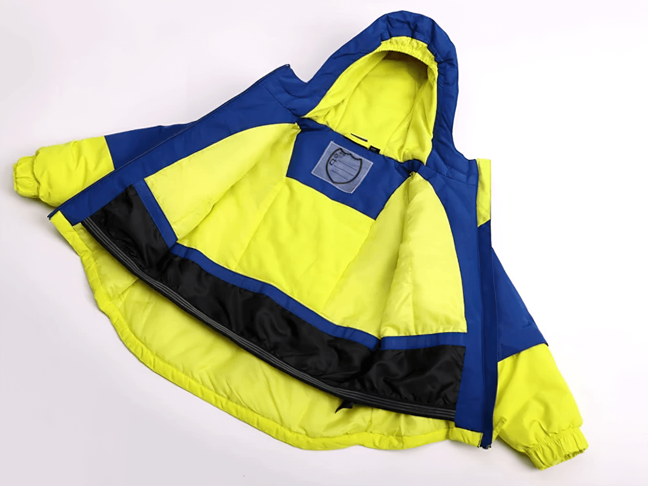Kids Ski Jacket with Hood and Elastic Cuffs - SF3580 in vibrant blue and yellow, perfect for toddlers' snowy adventures.