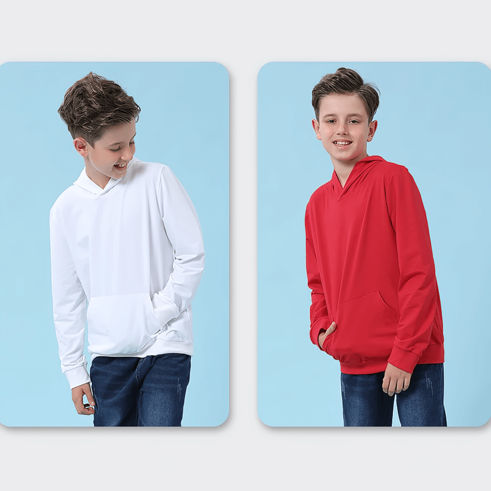 Two kids wearing solid color hoodies; one in red, one in white, perfect for school or casual wear, ideal for boys and girls.