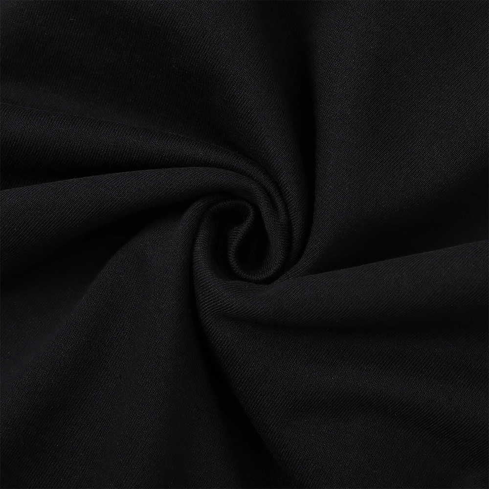 Close-up of black fabric texture for kids solid color hoodie, ideal for casual wear, school, and events.