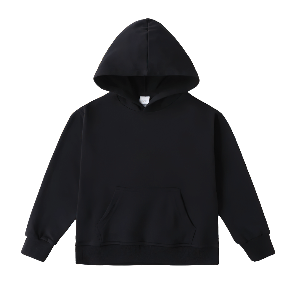 Black kids' solid color hoodie, perfect for boys and girls, ideal for school, play, or holiday gift. Versatile pullover SF3100.