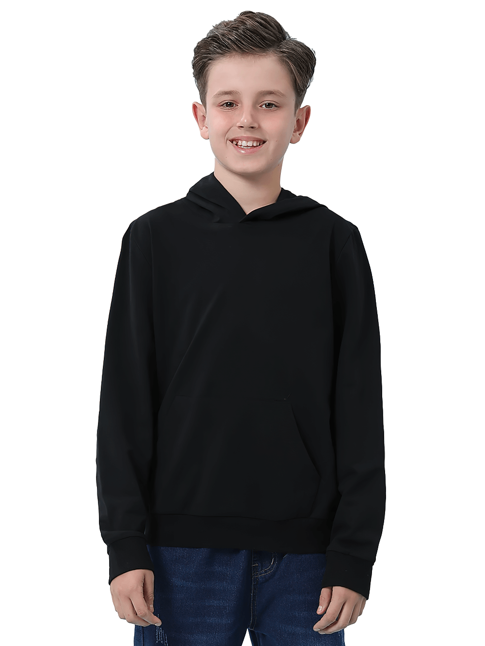 Boy wearing black kids solid color hoodie, perfect for school and casual wear, featuring a classic unisex pullover design.