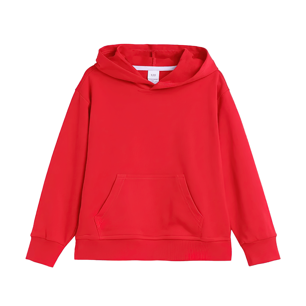 Red kids solid color hoodie, unisex pullover for boys and girls, perfect for school, play, and gifts. Available in multiple colors.