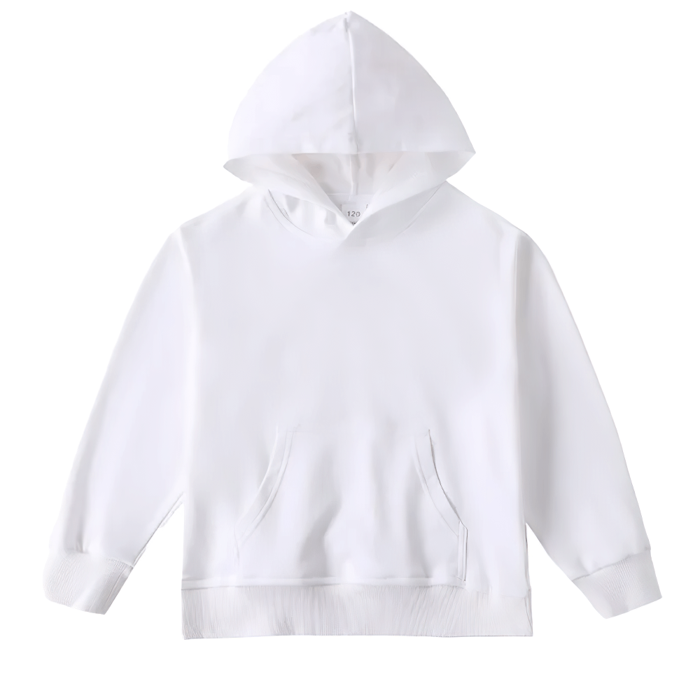 Kids unisex solid color hoodie in white, perfect for boys and girls, school, casual wear, birthdays, and holiday gifts.
