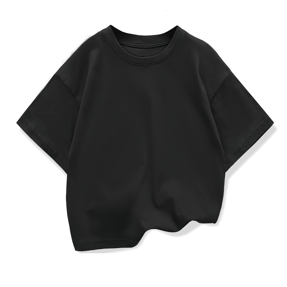 Solid black short-sleeved cotton t-shirt for kids, featuring a comfortable and classic crew neck design, perfect for casual wear.