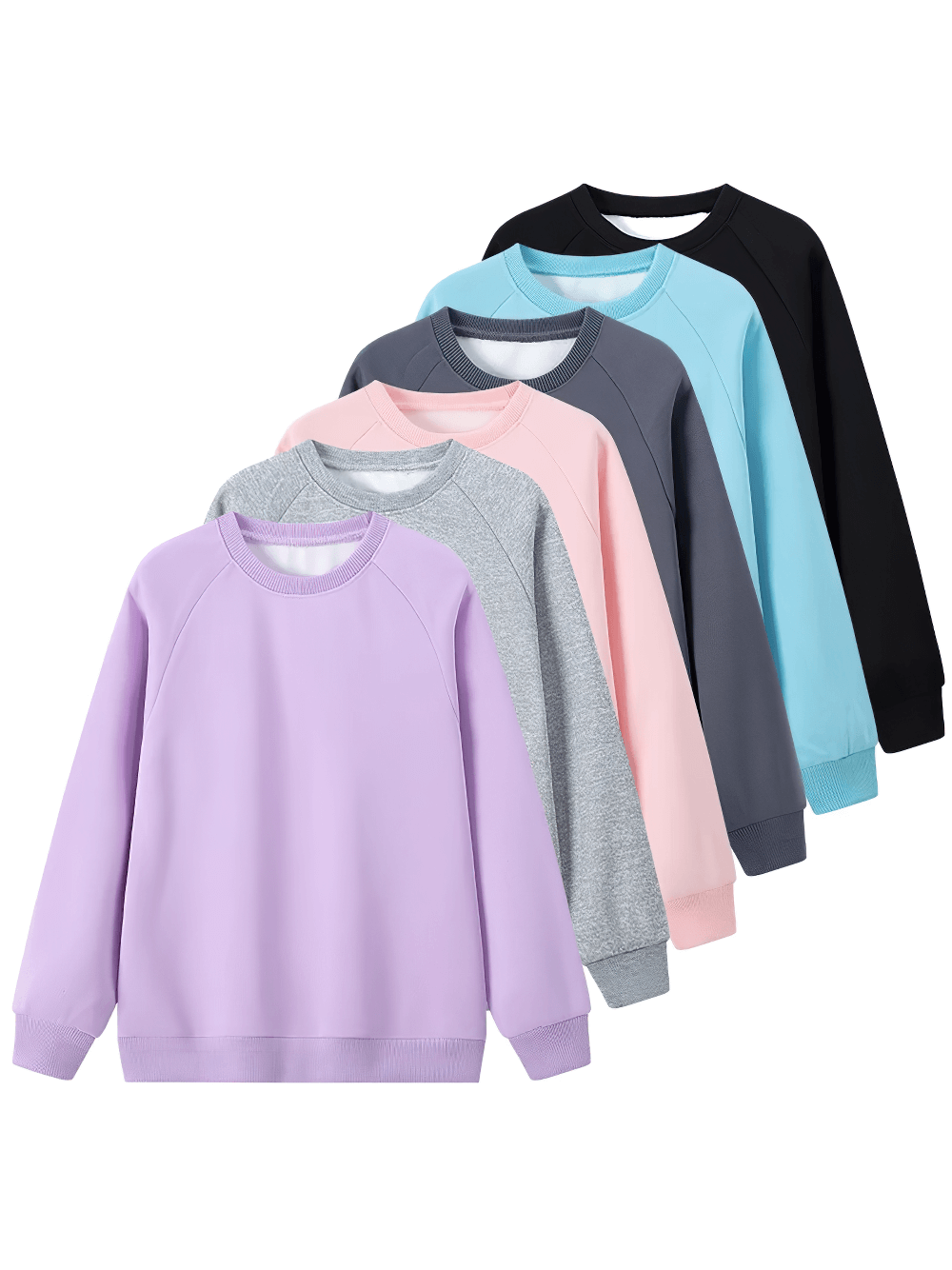 Assorted colors of kids solid color sweatshirts with long sleeves, ideal for everyday wear and sports activities, made of breathable polyester.