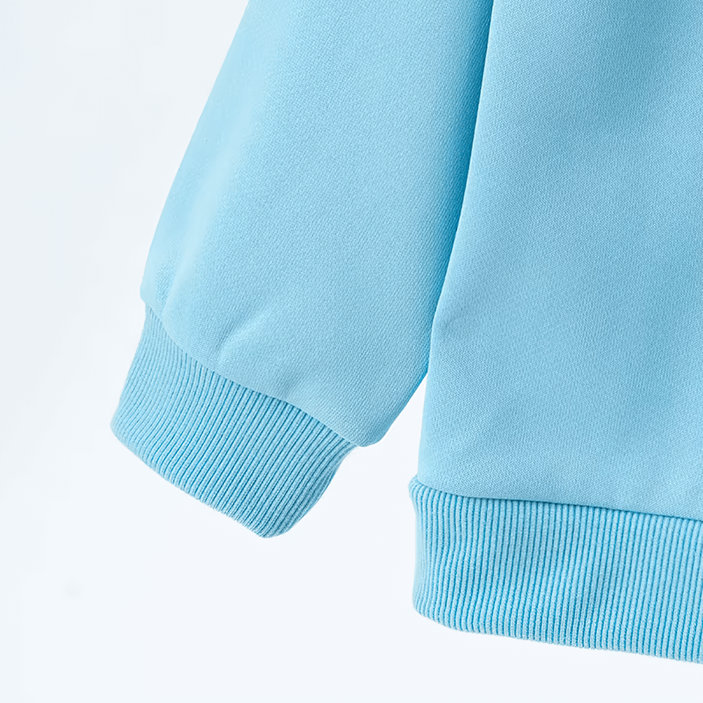 Light blue kids solid color sweatshirt sleeve detail, comfortable for everyday wear and sports, made from durable polyester fabric.