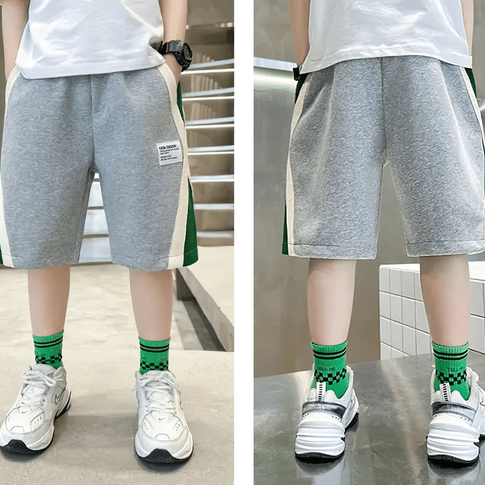 Kids Sport Contrast Panel Elastic Waist Shorts - SF3876 showcasing grey design with contrast side panels, perfect for active youths.