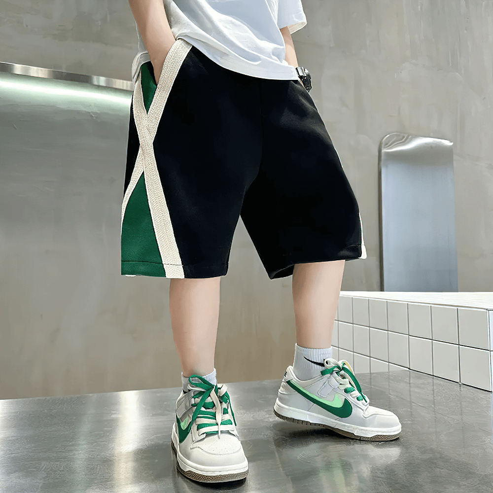 Kids Sport Contrast Panel Elastic Waist Shorts - SF3876 with side stripe, breathable fabric, and deep pockets for active kids.