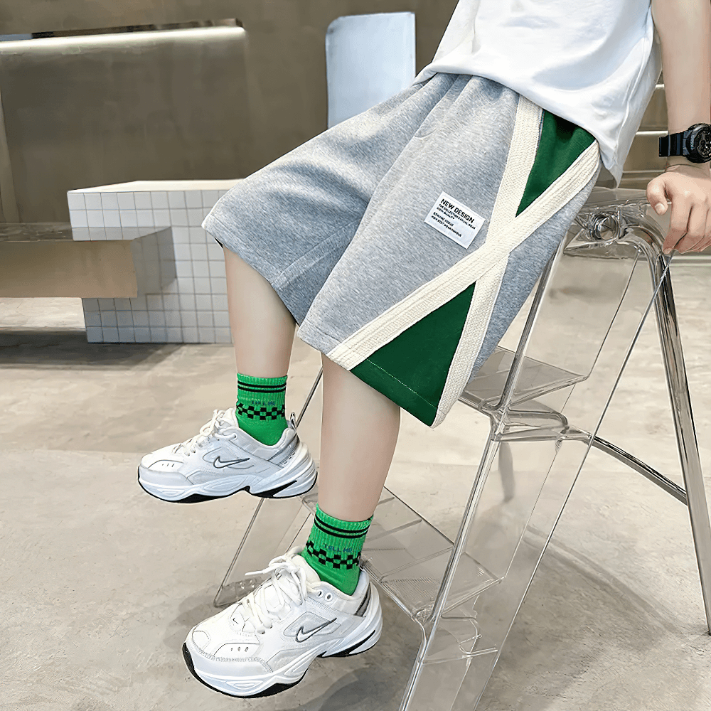 Kids Sport Contrast Panel Elastic Waist Shorts - SF3876 with side stripe, deep pockets in breathable knit fabric for active kids.