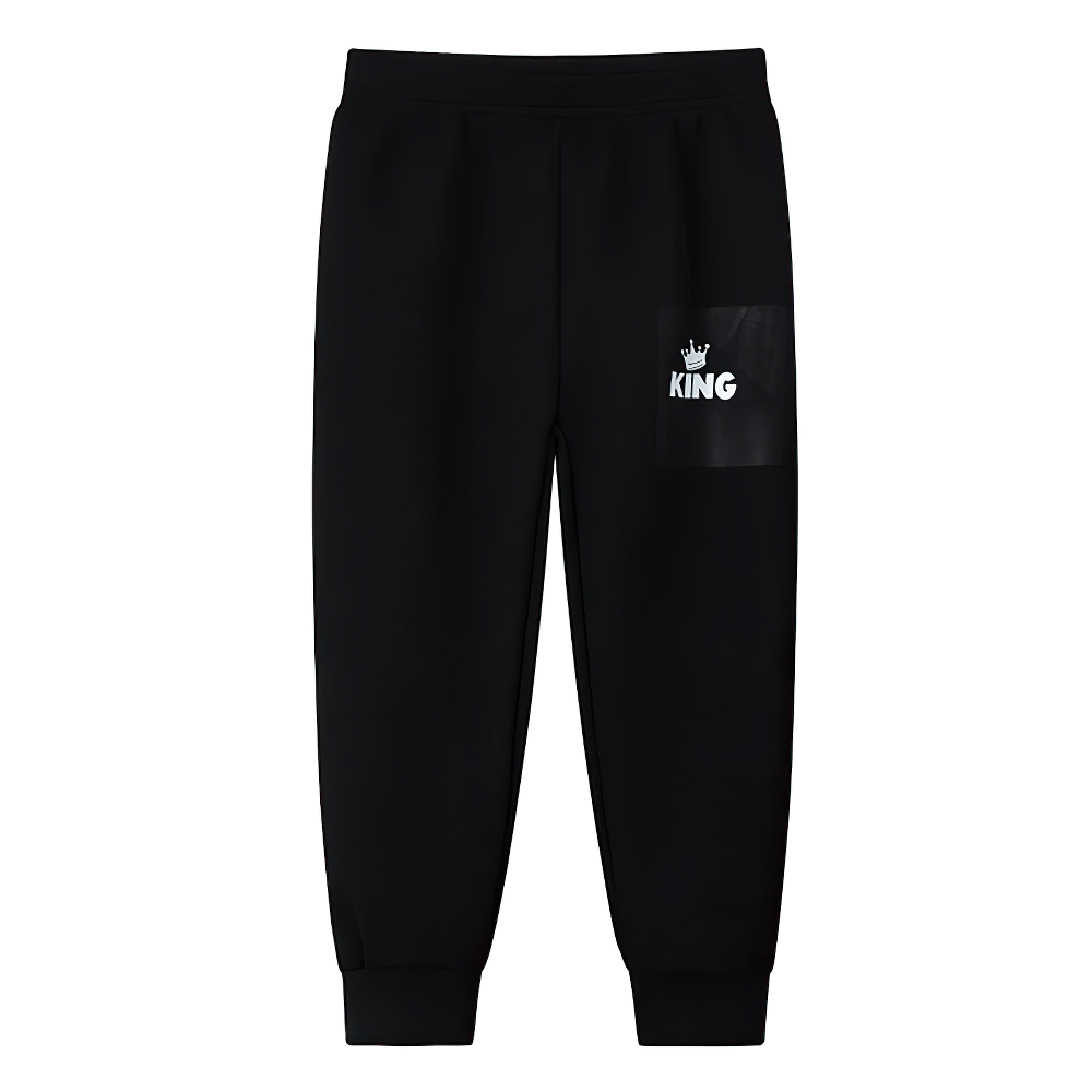 Black Kids Sport Jogger Sweatpants with Elastic Waist - SF3888 featuring a king logo on the pocket, perfect for active boys and girls.