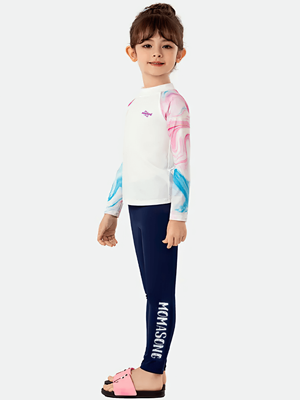 Kid wearing Kid's Sport Long Pants with Quick Dry Fabric - SF3586, featuring UPF50+ sun protection, side view, suitable for swimming.