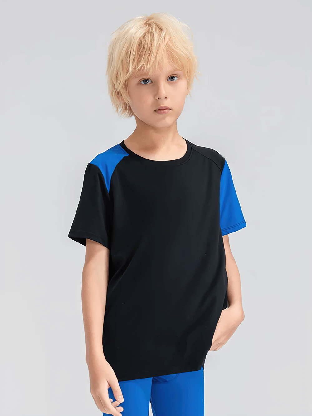 Kids Sport T-Shirt with Mixed Color Raglan Sleeves - SF3856 for youth athletic activities, shown on child model, black and blue design.