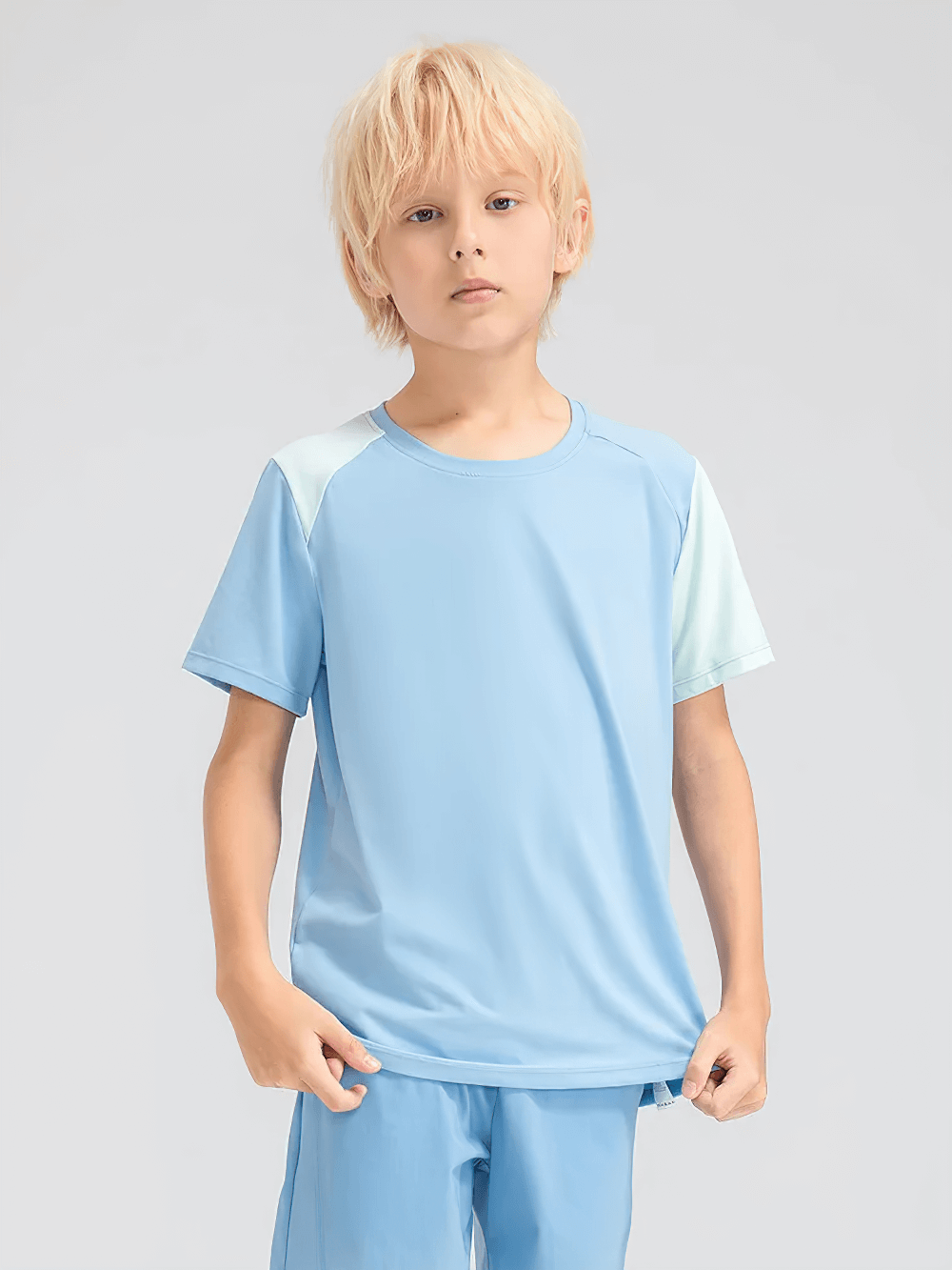 Blonde child wearing Kids Sport T-Shirt with Mixed Color Raglan Sleeves - SF3856.
