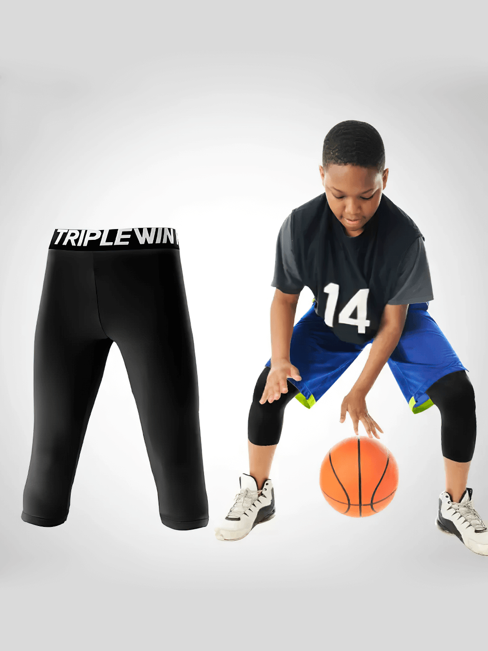 Kids' Sports Capri Leggings for Fitness - SF3624 displayed next to child playing basketball, highlighting durability and flexibility.