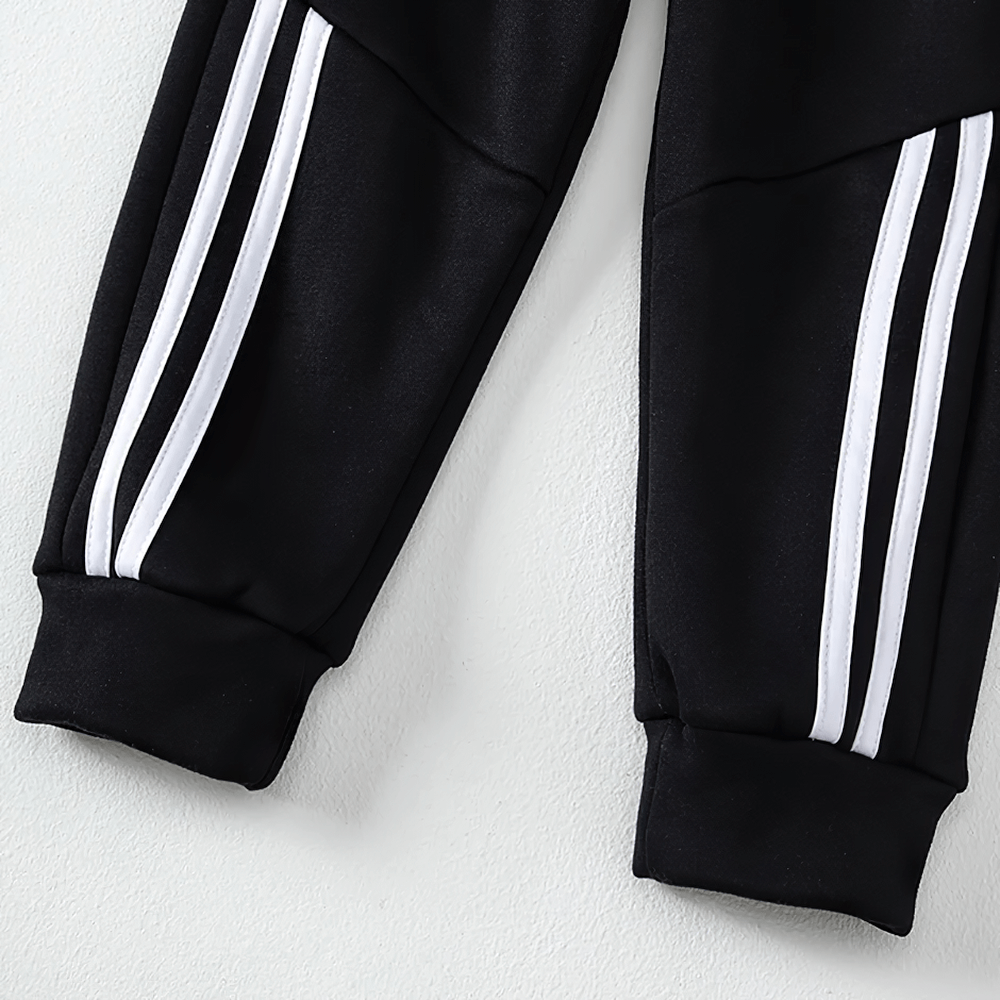 Kids Sports Pants with Plush Lining and Stripes - SF3837 featuring black fabric, plush lining, and classic white side stripes for style.