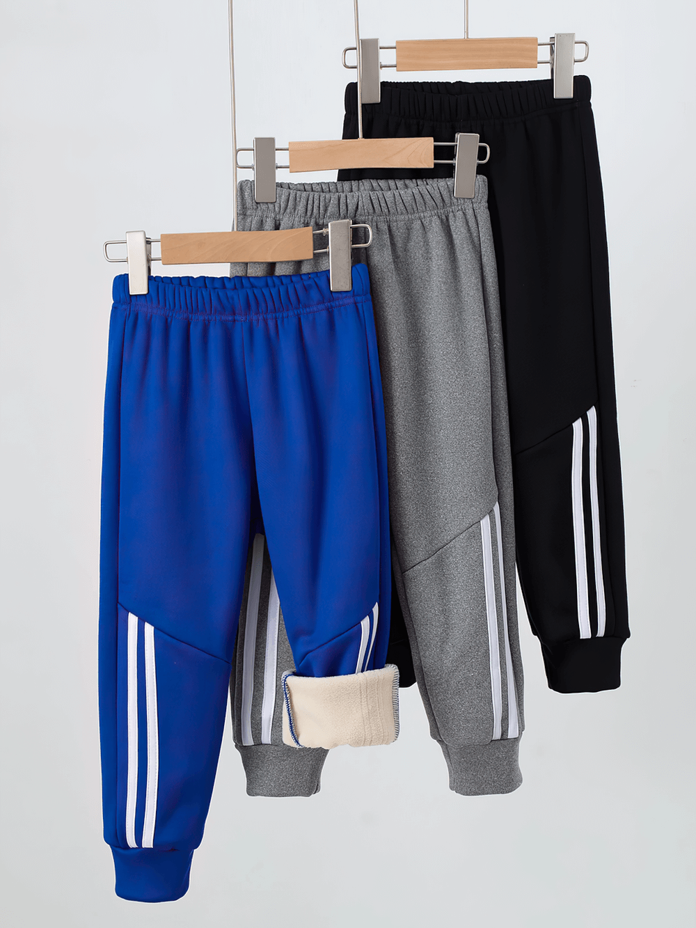 Kids Sports Pants with Plush Lining and Stripes - SF3837 in blue, gray, and black with warm linings, perfect for boys and girls.