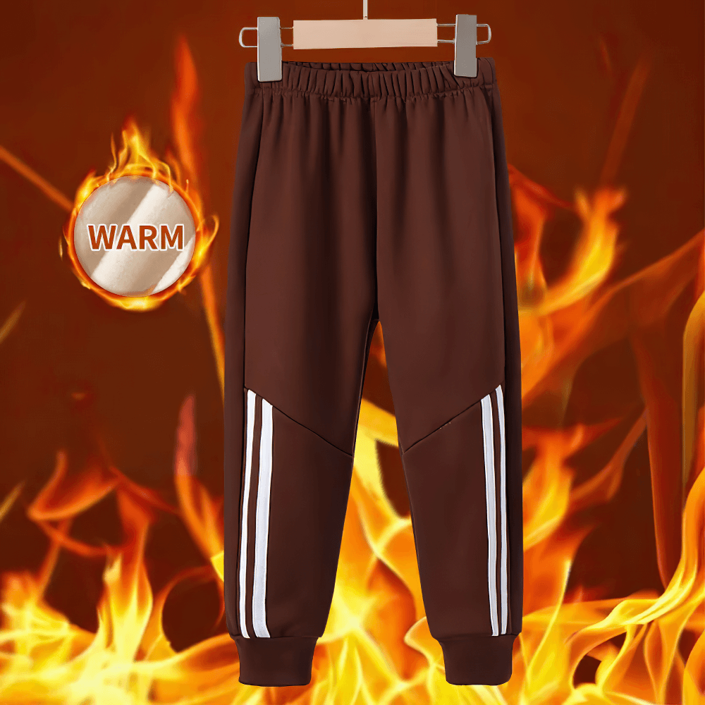Kids Sports Pants with Plush Lining and Stripes - SF3837, warm brown pants with side stripes and elastic waistband, perfect for active kids.