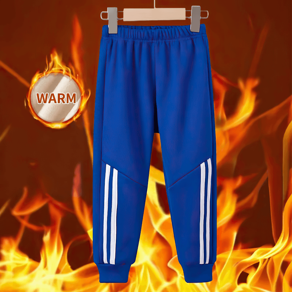 Kids Sports Pants with Plush Lining and Stripes - SF3837 in blue with elastic waistband, side stripes, and warm plush lining over fiery background.