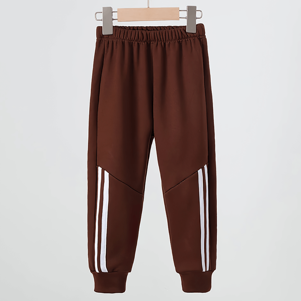 Kids Sports Pants with Plush Lining and Stripes - SF3837, brown pants with elastic waistband, white side stripes, designed for boys and girls.