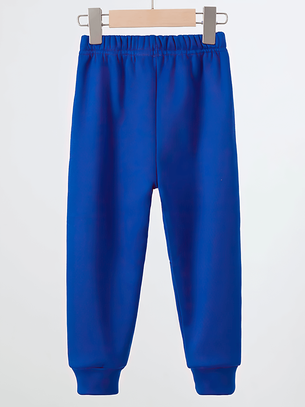 Kids Sports Pants with Plush Lining and Stripes - SF3837 hanging on a hanger, showcasing blue color and elastic waistband.