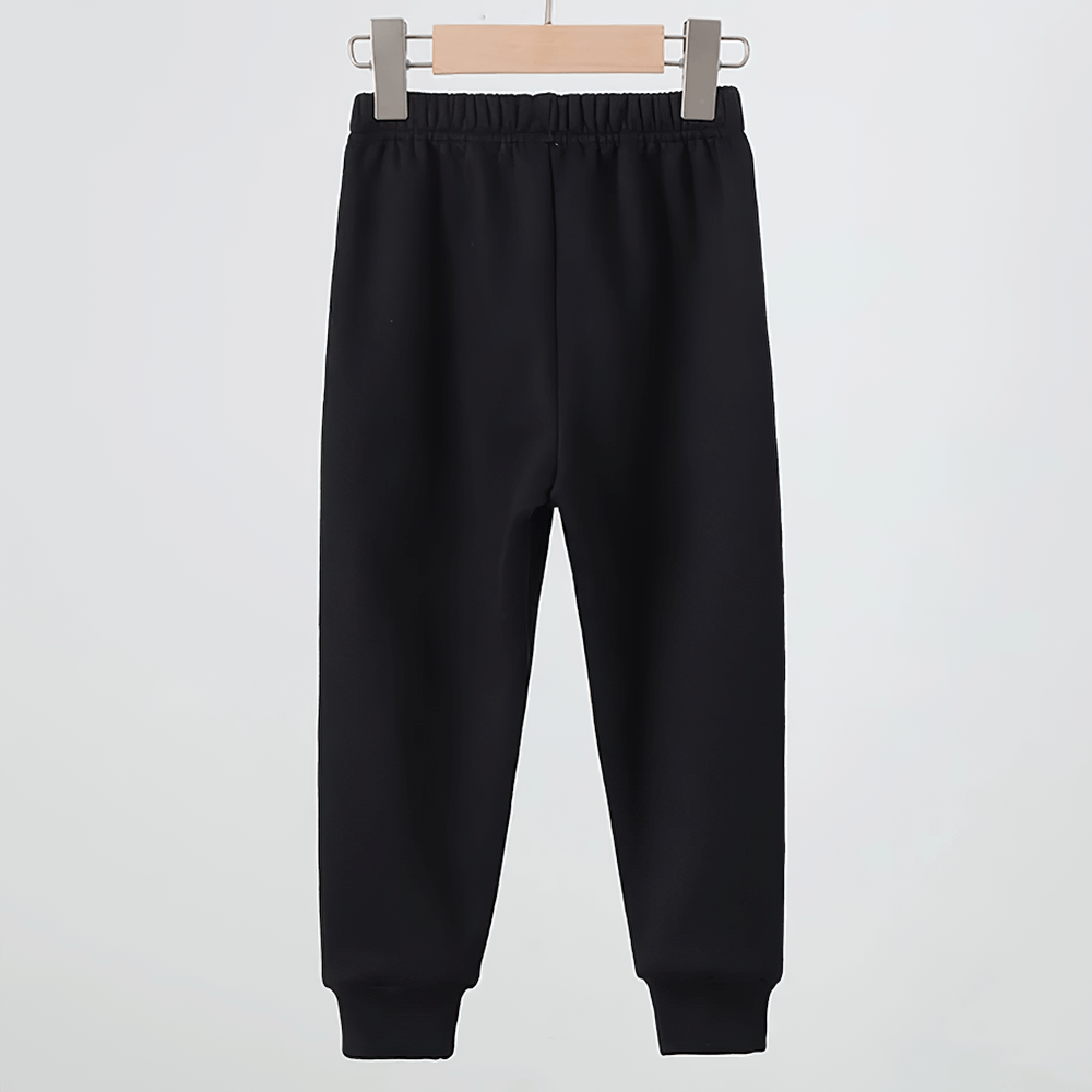 Kids Sports Pants with Plush Lining and Stripes - SF3837, black pants hanging on a hanger, elastic waistband, warm plush lining, stylish design