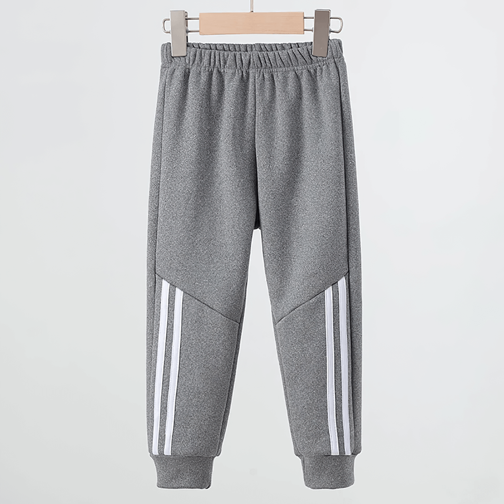 Kids Sports Pants with Plush Lining and Stripes - SF3837, gray pants with elastic waistband and side stripes, ideal for outdoor activities.